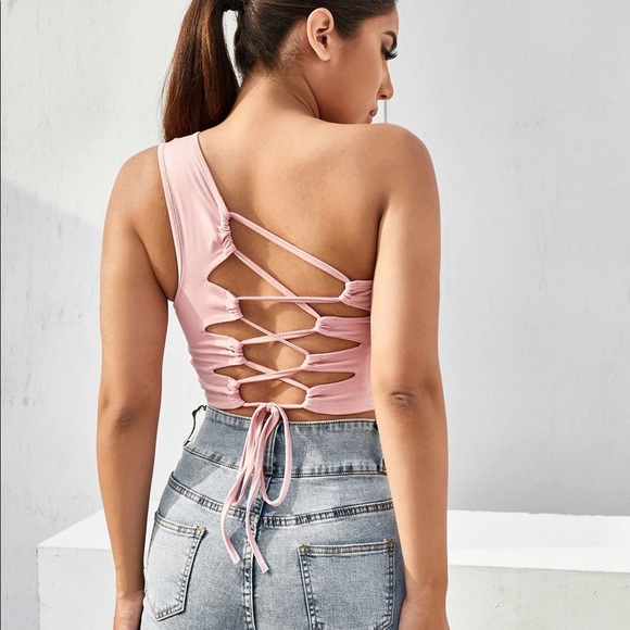ONE SHOULDER LACE UP OPEN BACK PINK CROP TOP - Picture 1 of 4
